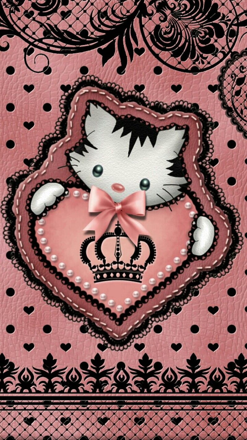 kitty queen, cat, cute, corazones, kitten, lace, pink, HD phone wallpaper