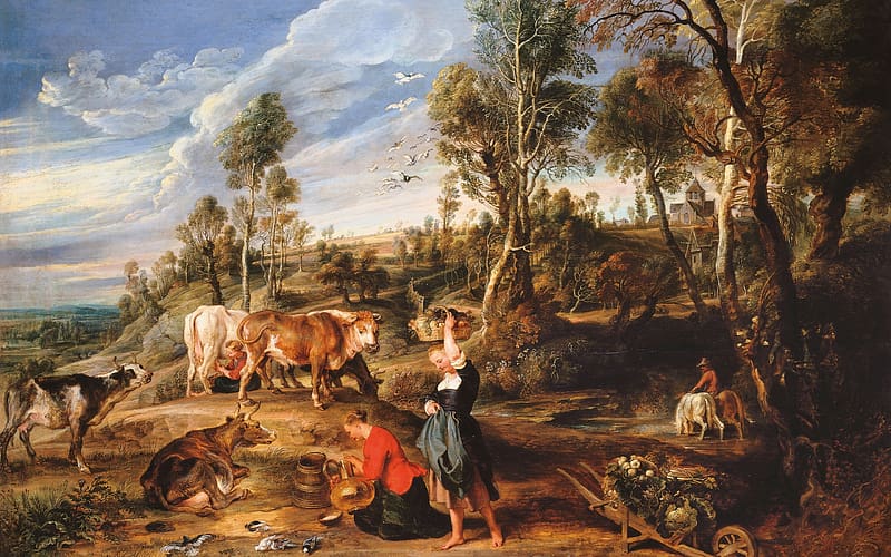 Landscape with Milkmaids, cow, painting, art, pictura, peter paul rubens, girl, woman, vaca, HD wallpaper