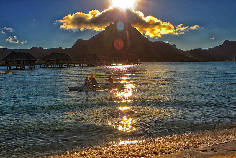 Amazing Bora Bora Sunset, polynesia, canoe, sunset, sea, beach, lagoon, bora bora, sand, boat, evening, exotic, islands, romance, ocean, honeymoon, wedding, paradise, island, tahiti, tropical, HD wallpaper
