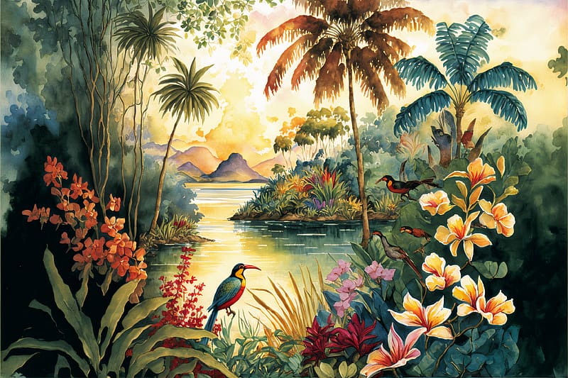 Tropical paradise, River, Birds, Trees, Painting, Flowers, Spring, HD wallpaper