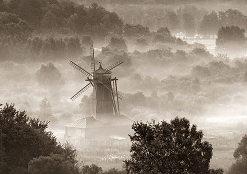 Windmill, mountians, black and white, nature, trees, fog, landscape, HD wallpaper