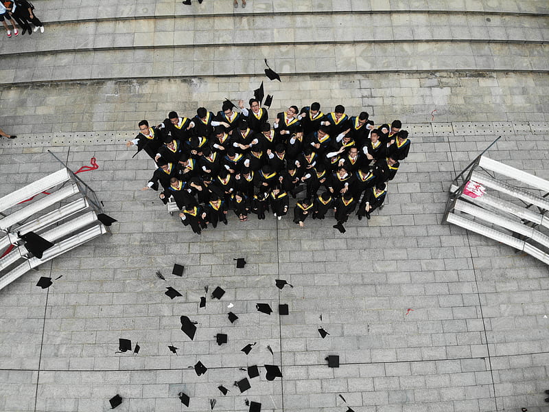 group of graduates throwing academic hats, HD wallpaper