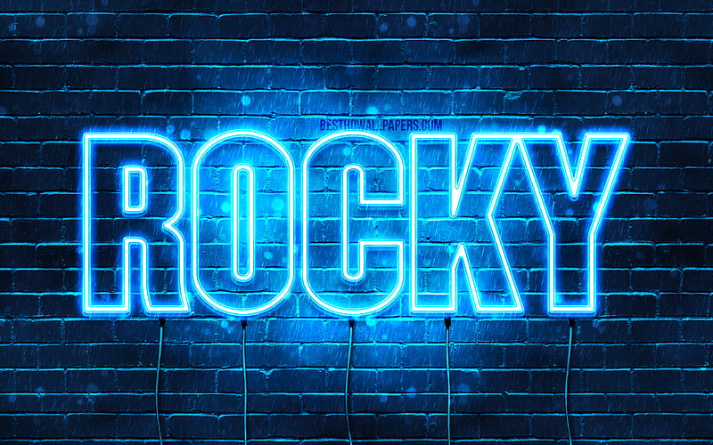 Rocky with names, horizontal text, Rocky name, Happy Birtay Rocky, blue neon lights, with Rocky name, HD wallpaper