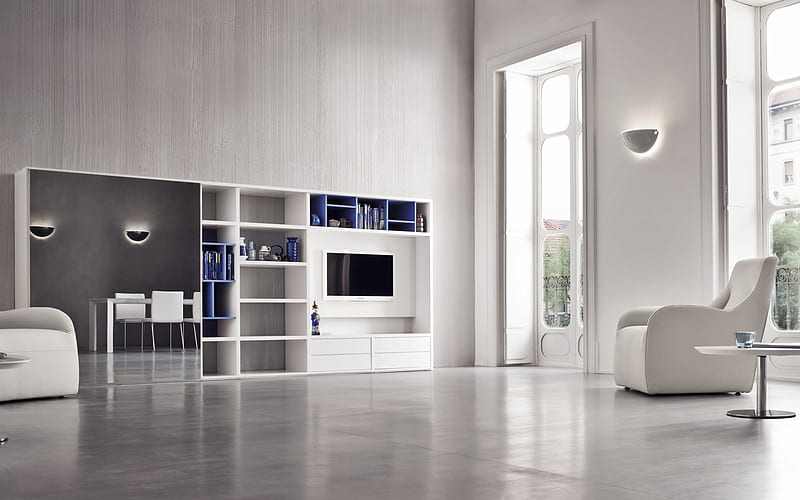 stylish white interior, modern interior design, living room, white furniture, stylish white armchairs, HD wallpaper