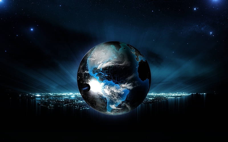 globe, earth, night, cityscape, HD wallpaper