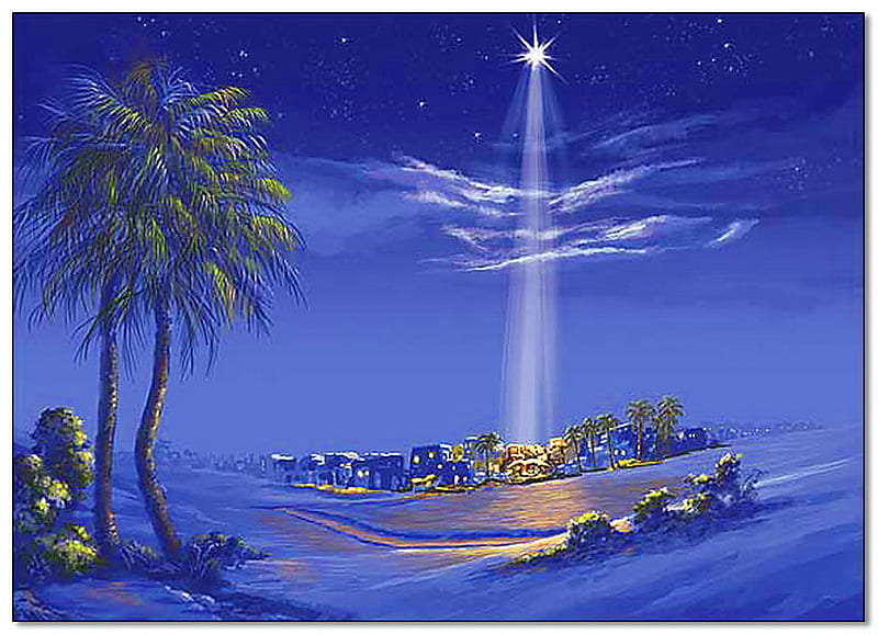 Little town of Bethlehem, bethlehem, christmas, town, clouds, palm trees, blue, star, HD wallpaper