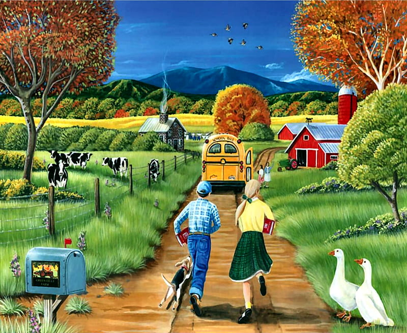 Late for the Bus F, art, bonito, illustration, artwork, bus, school, geese, painting, wide screen, cows, HD wallpaper