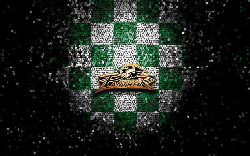Augsburger Panther, glitter logo, DEL, green white checkered background, hockey, german hockey team, Augsburger Panther logo, mosaic art, Deutsche Eishockey Liga, german hockey league, HD wallpaper