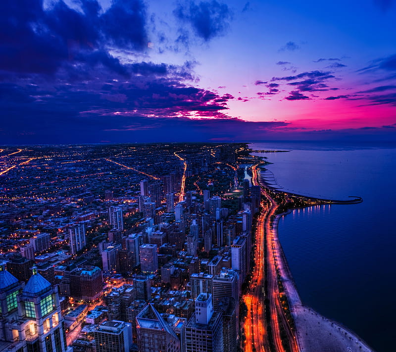 Chicago Sunset, city, illinois, path, road, sun, HD wallpaper