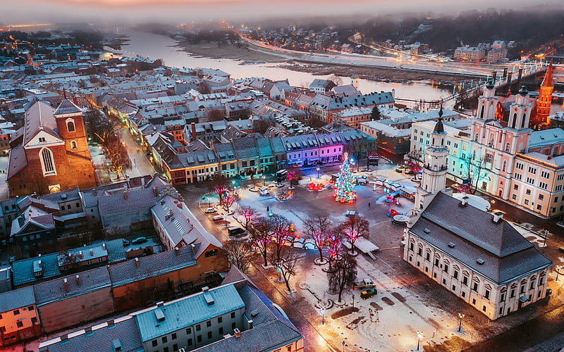 Kaunas, winter, aerial view, square, Christmas Tree, Lithuania, Europe, HD wallpaper