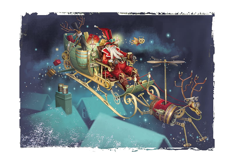 Steampunk Santa Sleigh, art, fantasy, santa, craciun, christmas, steampunk, reindeer, reuben mchugh, sleigh, HD wallpaper