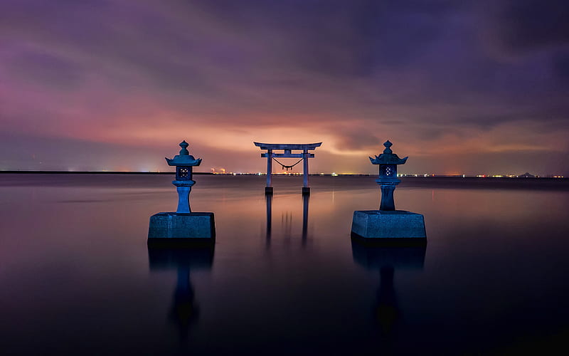 torii, kumamoto, night, japanese gate, water, ritual gate, japanese religion, red gate, japan, HD wallpaper