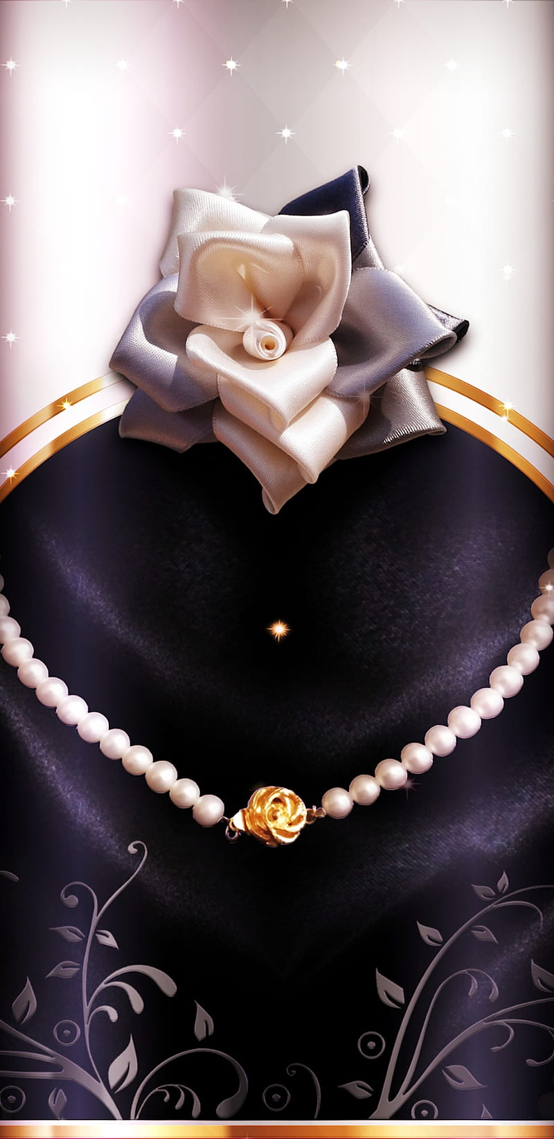 PearlsRose, bonito, black, golden, pearls, pretty, rose, satin, sparkle, white, HD phone wallpaper