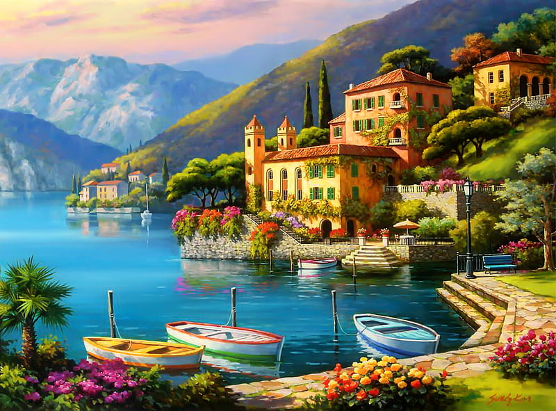Villa Bella Vista, mediterraneo, art, view, Italy, Sung Kim, villa, que, lake, sea, mountain, boats, painting, summer, peaceful, village, coast, HD wallpaper