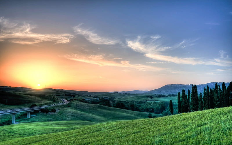 Tuscan Sunset, Green, Grass, Peaceful, Fields, Beautful, Sunset, HD ...
