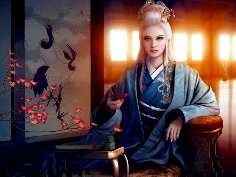 geisha, girl, flowers, drinking bowl, kimono, asia, HD wallpaper