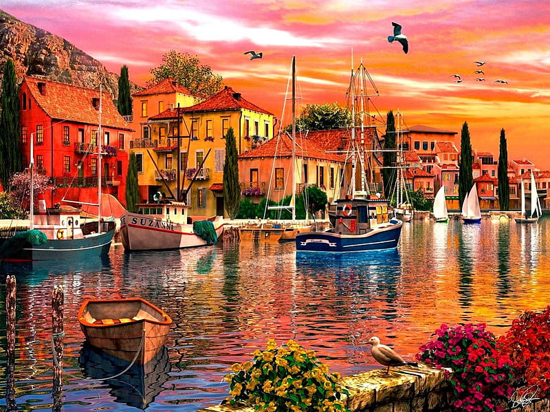 Mediterranean Port, ships, painting, sunset, houses, HD wallpaper