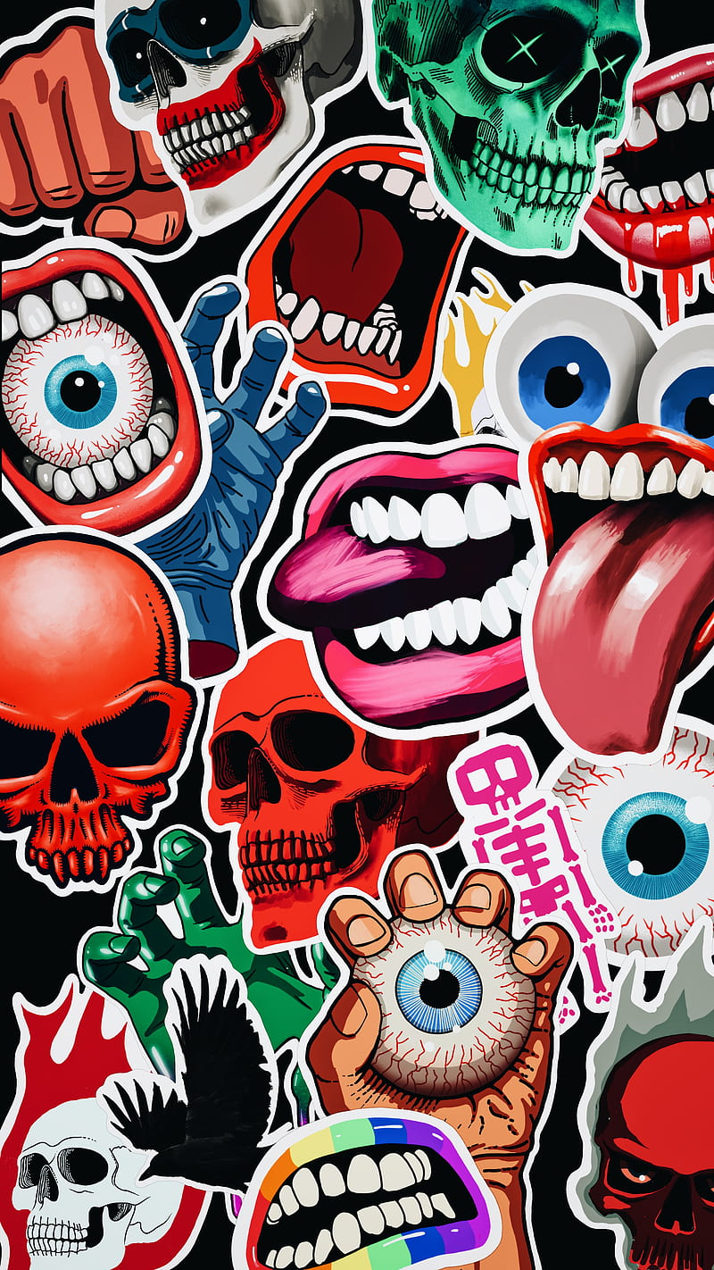 Bad Skull Stickers, eyes, fist, hand, mouth, skate, skeleton, skull, skulls, sticker, stickers, HD phone wallpaper