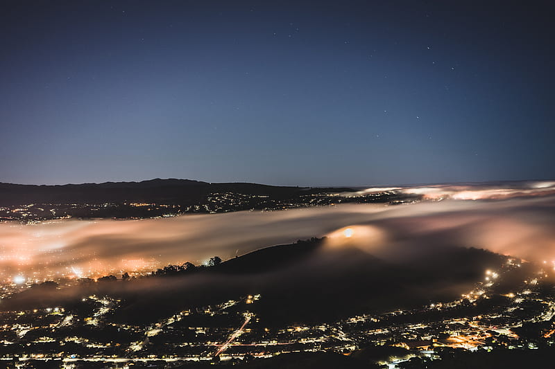 night city, fog, aerial view, horizon, veil, HD wallpaper