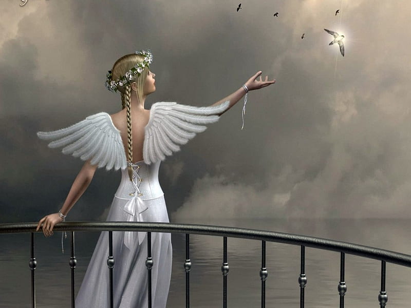 Fly away (For Bina), flower crown, wings, sun, angel, birds, lovely girl, plait, sky, clouds, fantasy, water, bridge, beauty, white dress, light, HD wallpaper