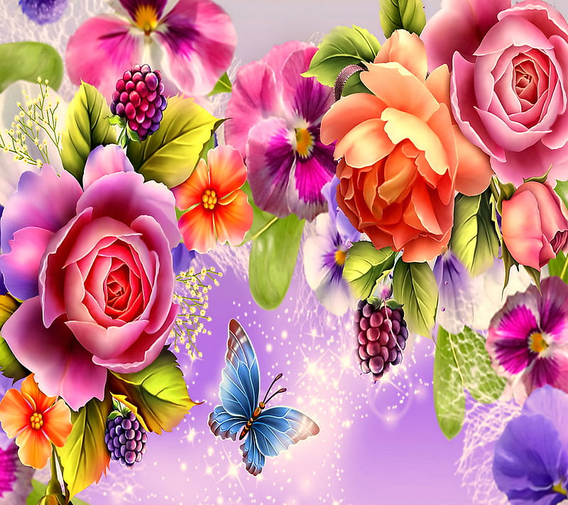 Admiring Roses, butterfly, floral, pink, roses, HD wallpaper