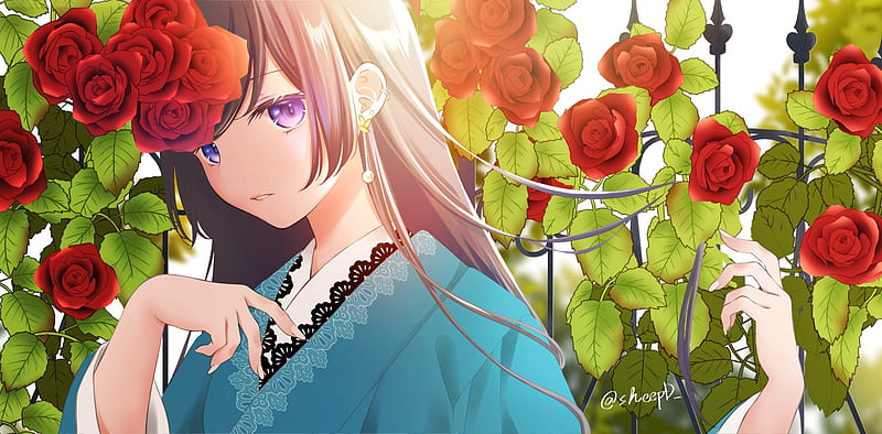 red roses, brown hair, anime girl, earrings, purple eyes, leaves, Anime, HD wallpaper