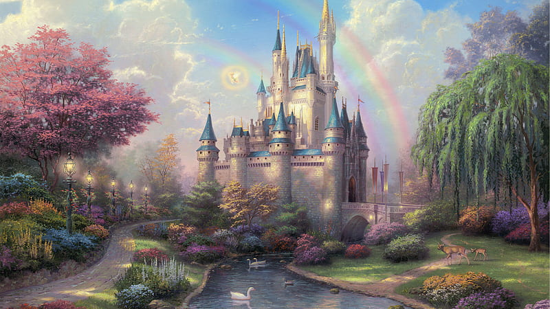 Fairytale Castle, lanterns, bonito, rainbow, fairytale, trees, deer, swans, painting, magical, garden, castle, HD wallpaper