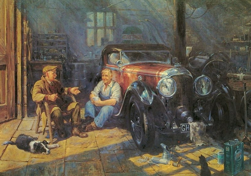 Old Workshop, men, car, painting, cat, artwork, vintage, HD wallpaper