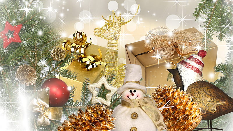 Christmas Gold, feliz navidad, christmas, packages, firefox persona, bows, snowman, winter, pink cones, bokeh, gold, bird, snow, decorations, presents, reindeer, gifts, HD wallpaper
