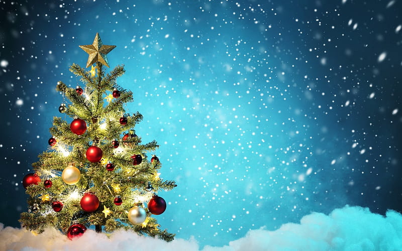 Happy Holidays!, red, craciun, christmas, yellow, winter, card, tree, ball, green, snow, white, blue, HD wallpaper