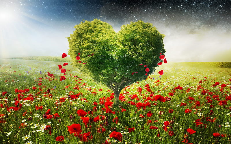tree heart, red wildflowers, love nature, ecology, environment, heart shaped tree, love the earth, HD wallpaper