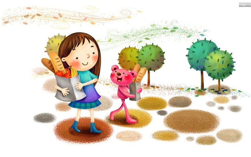 ~My Teddy Bear & I~, cute, colorful, art, girl, bags, teddy bear, trees, friends, HD wallpaper