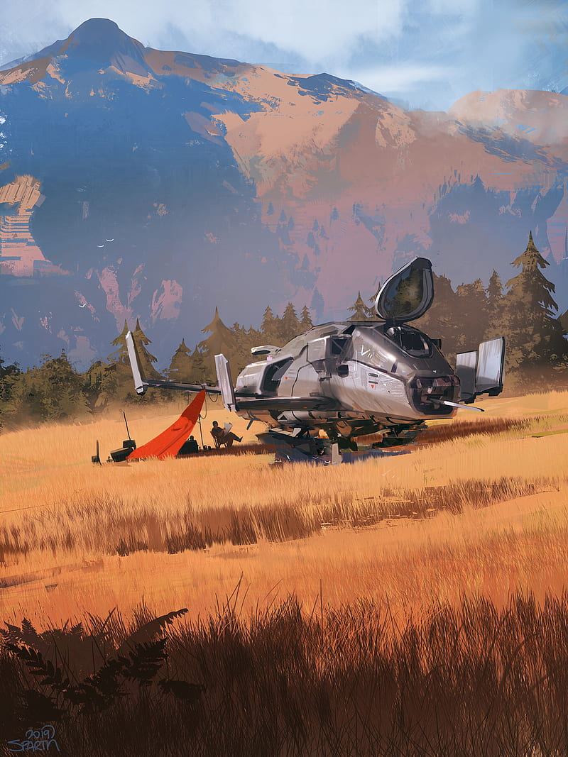 science fiction, environment, spaceship, mountains, grass, trees, HD phone wallpaper