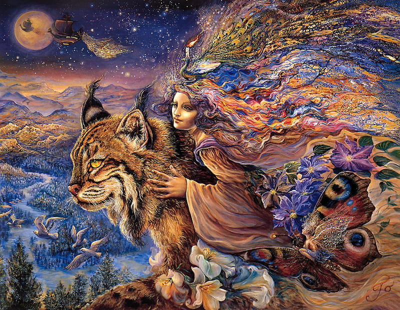 girl and cat, colorful, fantasy, 3d, girl, magic, cat, abstract, artwork, HD wallpaper