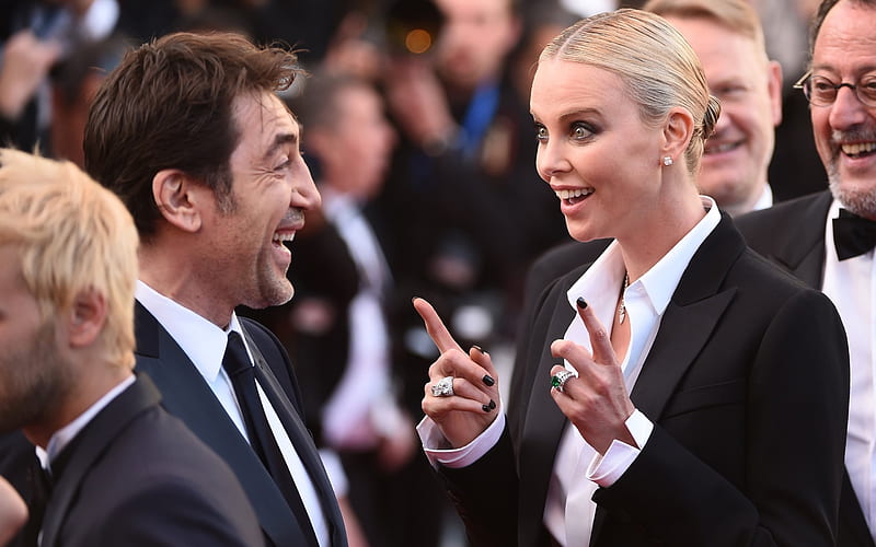 charlize theron, spanish actor, 2016, american actress, cannes, javier bardem, film festival, HD wallpaper