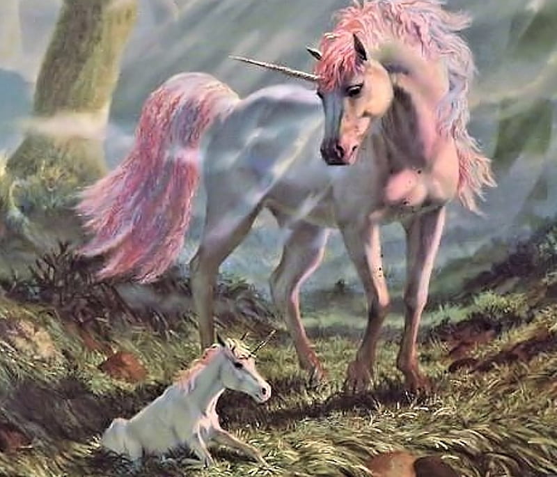 Unicorn Mama with her Baby, Baby, Unicorn, Fantasy, Mother, HD wallpaper