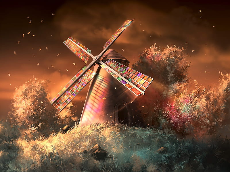Colors of the wind, colorful, art, windmill, autumn, luminos, rainbow, aquasixio, fantasy, blue, HD wallpaper