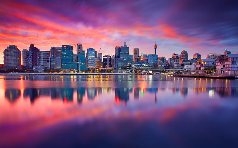Sydney, sunset, modern buildings, cityscapes, panorama, Australia, HD wallpaper