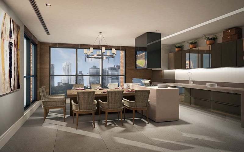modern interior design, kitchen, dining room, kitchen project, stylish interior, loft style, HD wallpaper