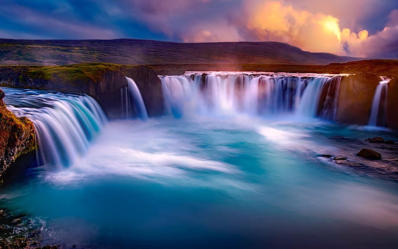 Godafoss Icelandic landmarks, waterfall, Iceland, Europe, HD wallpaper