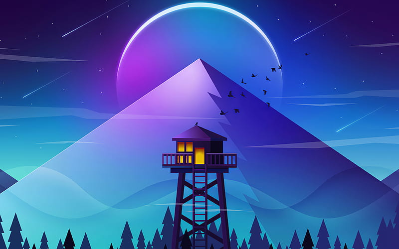 abstract nightscapes, moon, mountains, fire tower, nightscapes minimalism, creative, abstract landscapes, HD wallpaper
