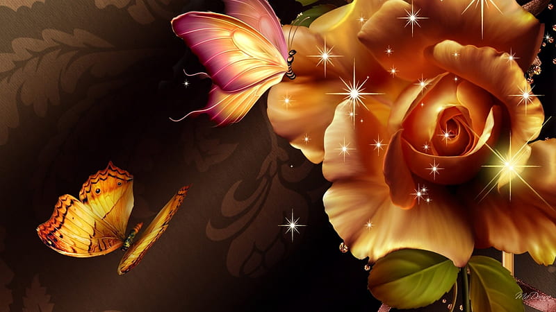 Golden Rose, stars, glitter, shine, butterflies, roses, gold, bright, flowers, brilliant, HD wallpaper