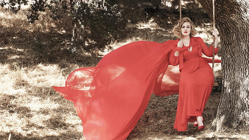 Adele, British singer, a beautiful woman make-up, swing, red long dress, Adele Adkins, HD wallpaper