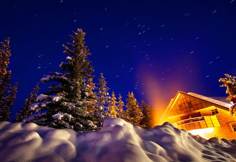 Lighted winter cabin, house, glow, cottage, cabin, bonito, cold, mountain, nice, evening, light, frost, night, rest, lovely, sky, winter, tree, snow, slope, nature, frozen, HD wallpaper