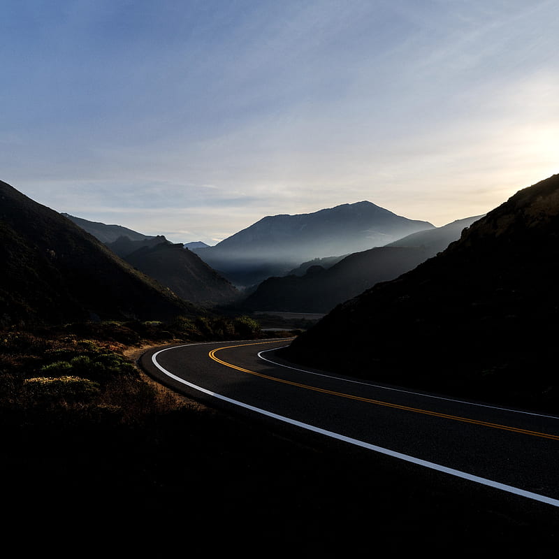 Road curve, highway, mountains, morning, HD phone wallpaper
