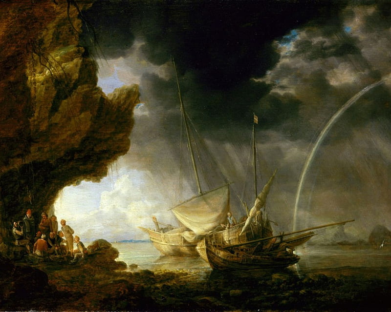 Seascape with Sailors Sheltering from a Rainstorm, seascape, 17th century, dutch, landscape, HD wallpaper