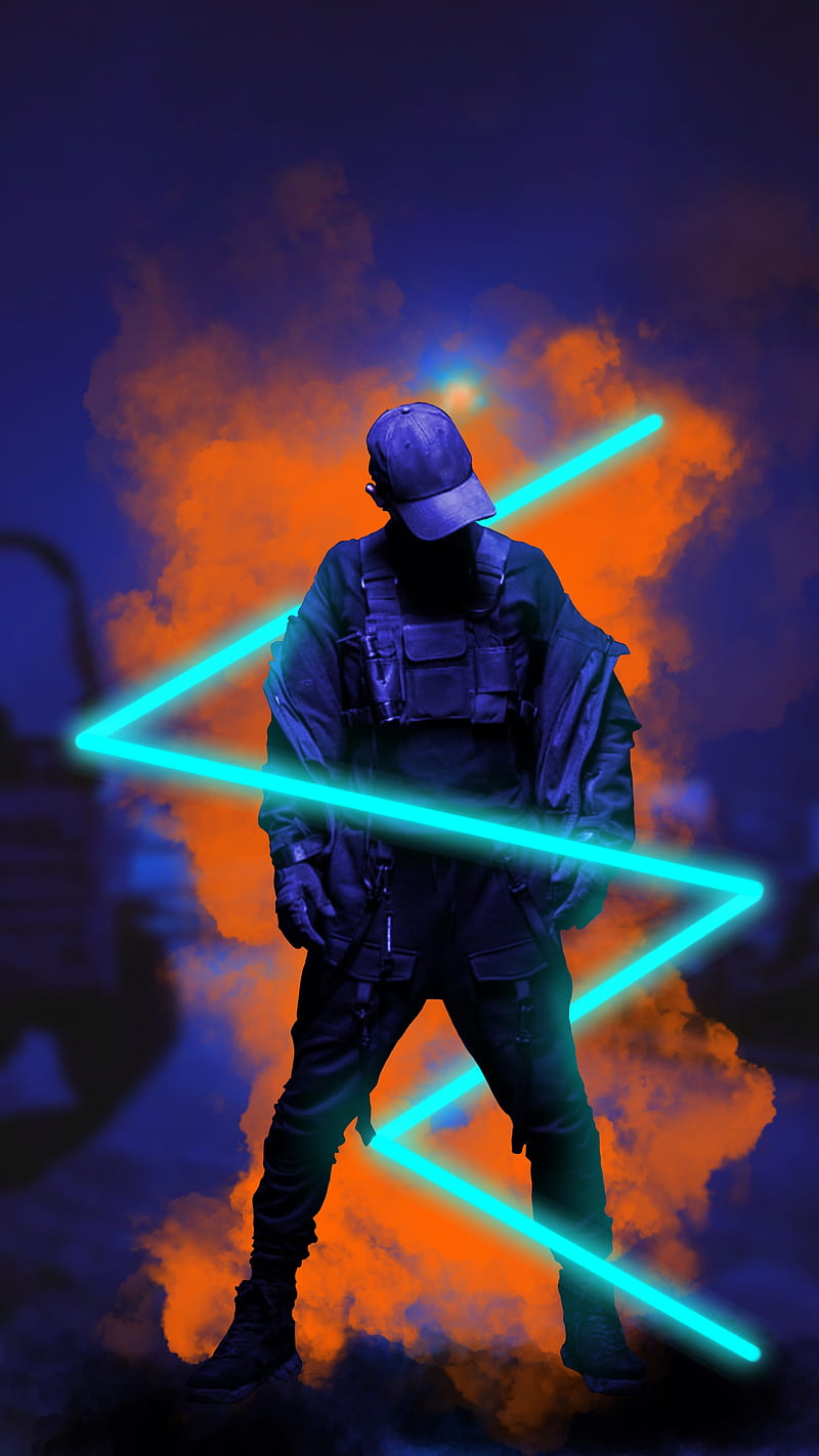 blue laser man, anonymous, black, cloud, dark, face, guy mask, neon, orange, pose, silhouette, smoke, HD phone wallpaper
