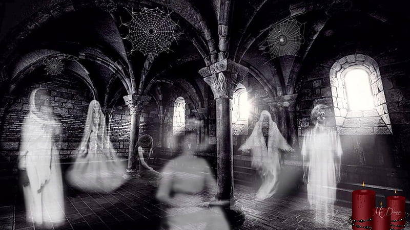 Haunted Cloisters, ghosts, cloisters, haunted, Halloween, Gothic, spirits, women, HD wallpaper