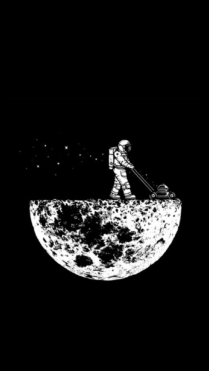 Moon mowing, black, white, mowing grass, work, space, HD phone wallpaper