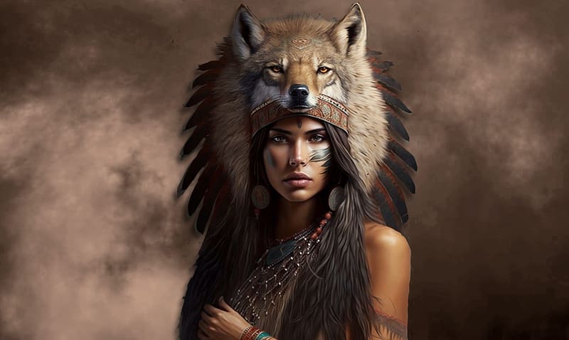 Native American Woman, woman, browns, indigenous, digital art, Native, Headdress, wolf clan, HD wallpaper